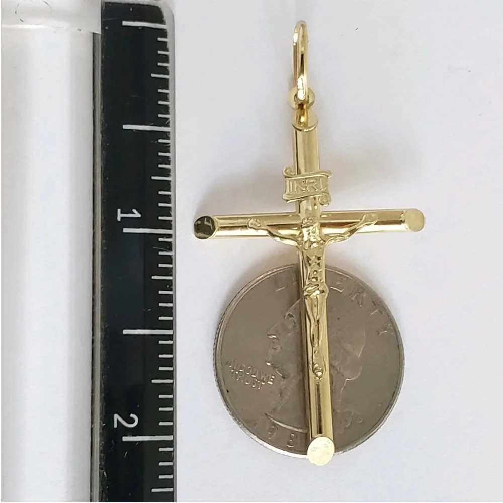 Real 10k Yellow Gold INRI Jesus Crucifix tube Cross Pendant 2.15 inches long